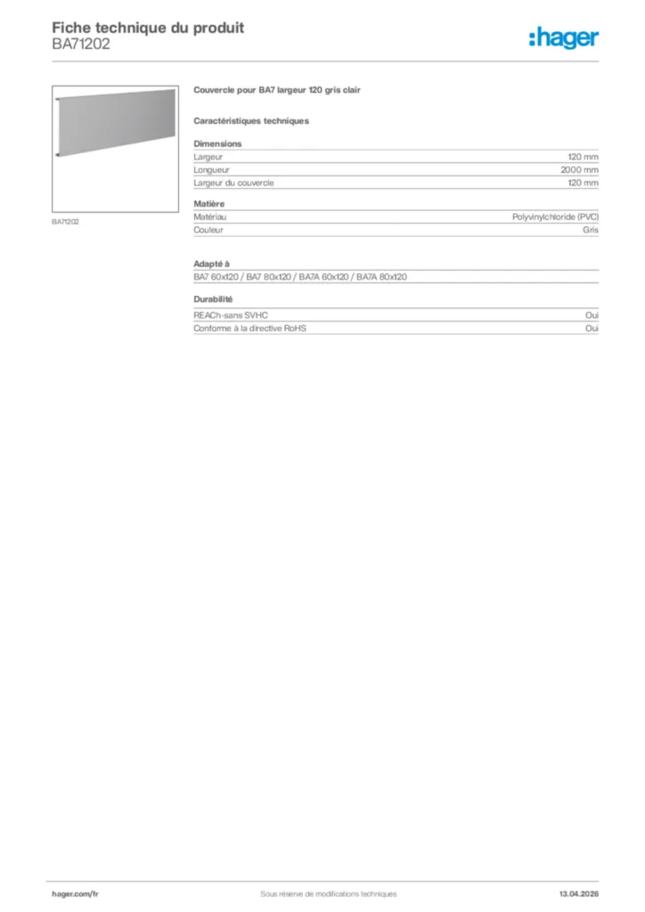Image Hager Fiche technique du produit BA71202 | Hager France