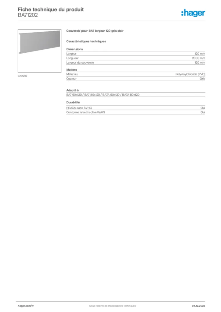 Image Hager Fiche technique du produit BA71202 | Hager France