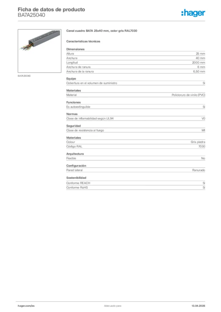 Imagen Hager Ficha de datos de producto BA7A25040 | Hager España