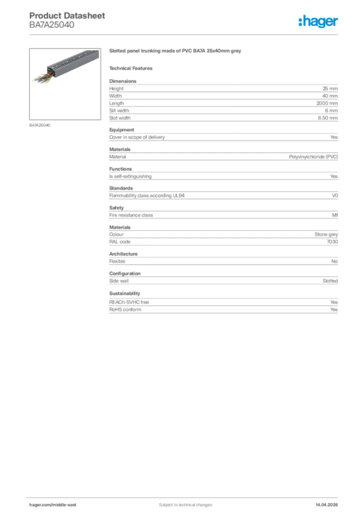 Image Hager Product data sheet BA7A25040  | Hager