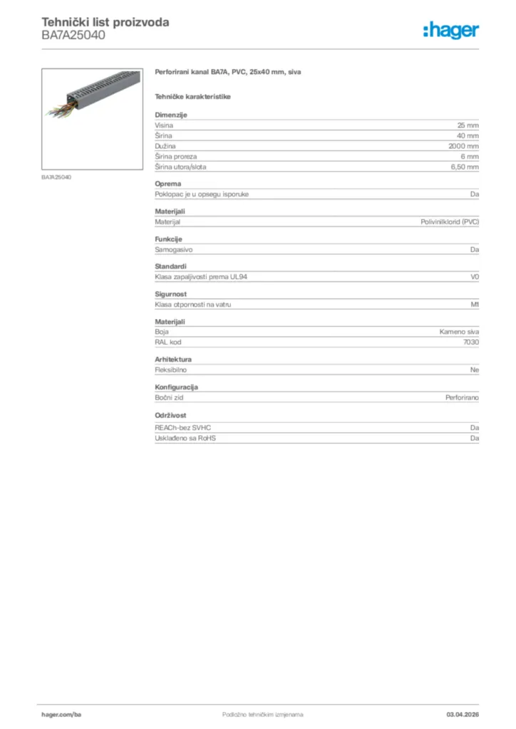 Slika Hager Tehnički list proizvoda BA7A25040  | Hager