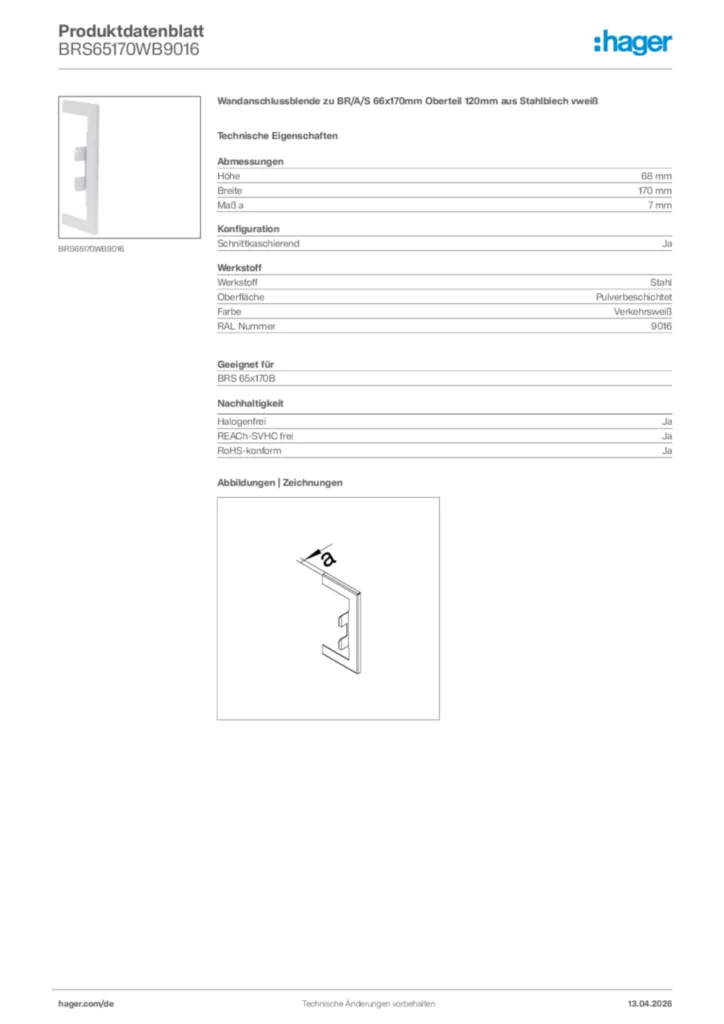 Bild Hager Produktdatenblatt BRS65170WB9016 | Hager Deutschland