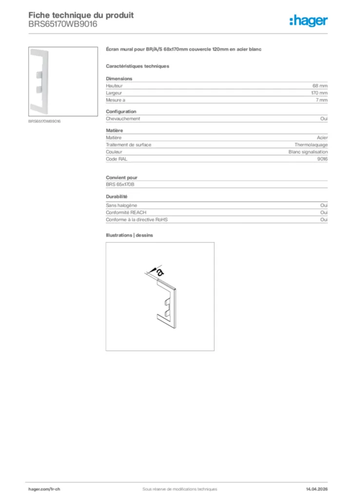 Image Hager Fiche technique du produit BRS65170WB9016 | Hager Suisse