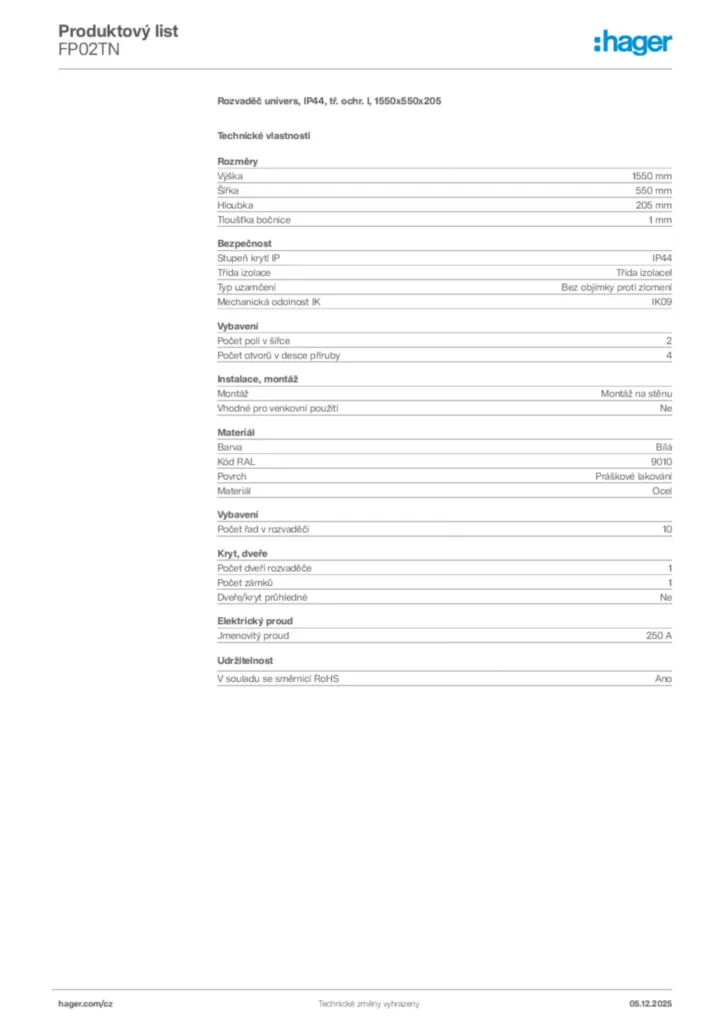 Obrázek Hager Product data sheet FP02TN | Hager