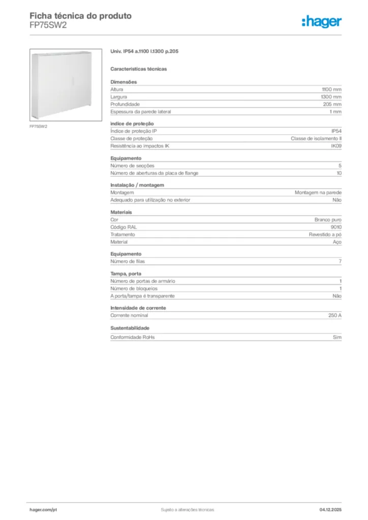 Imagem Hager Ficha técnica do produto FP75SW2 | Hager Portugal