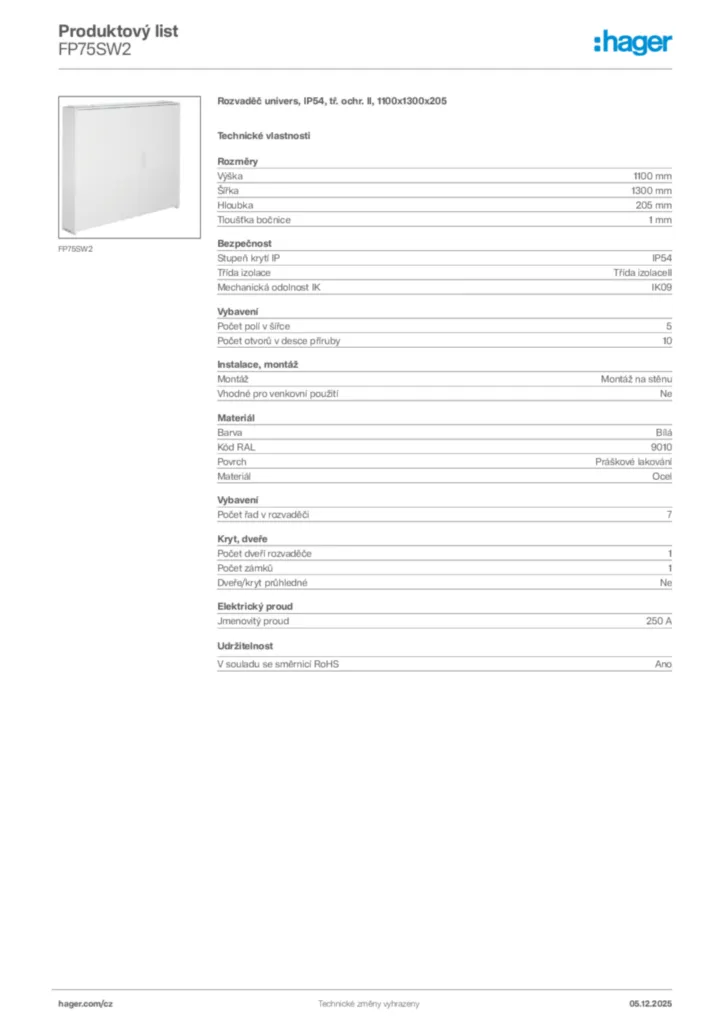 Obrázek Hager Product data sheet FP75SW2 | Hager