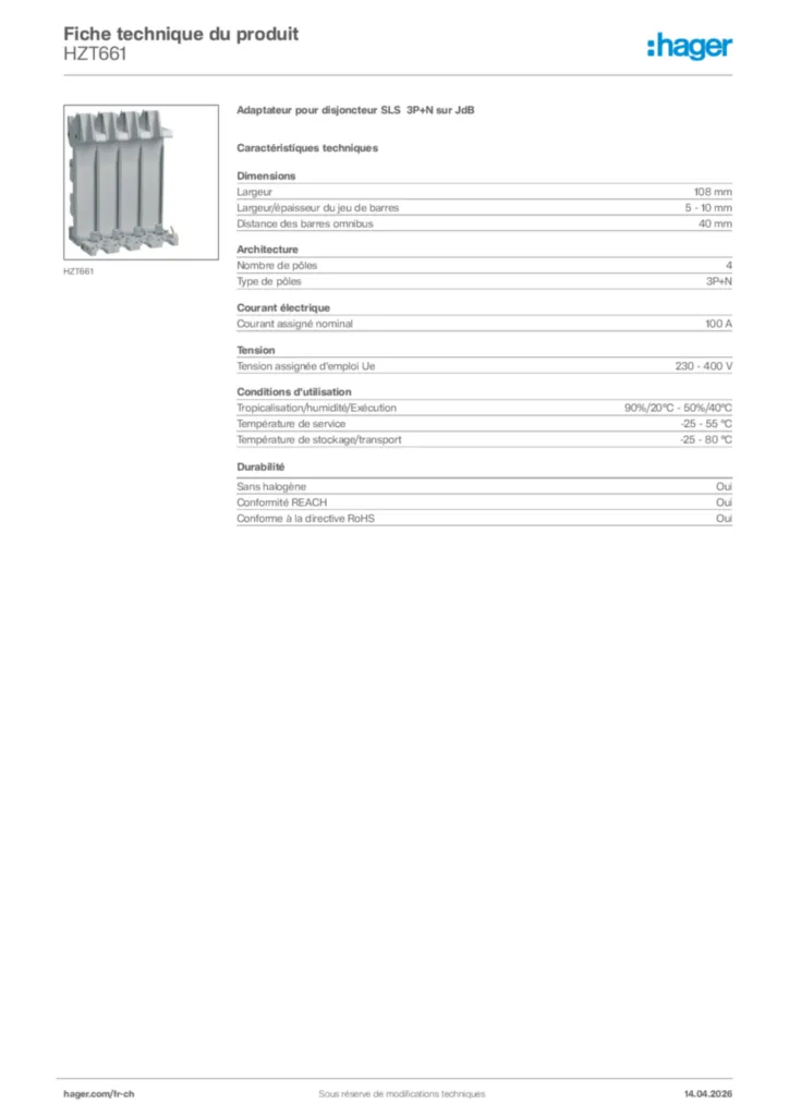 Image Hager Fiche technique du produit HZT661 | Hager Suisse
