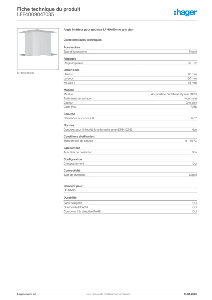 Image Hager Fiche technique du produit LFF4009047035 | Hager Suisse