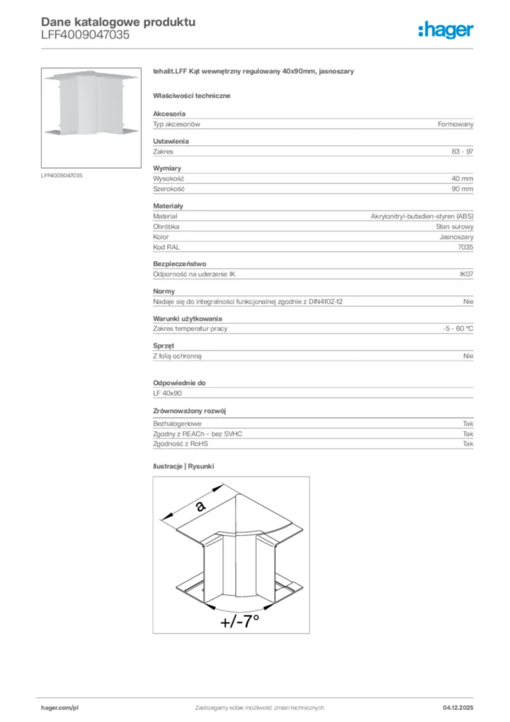 Zdjęcie Hager Dane katalogowe produktu LFF4009047035 | Hager Polska