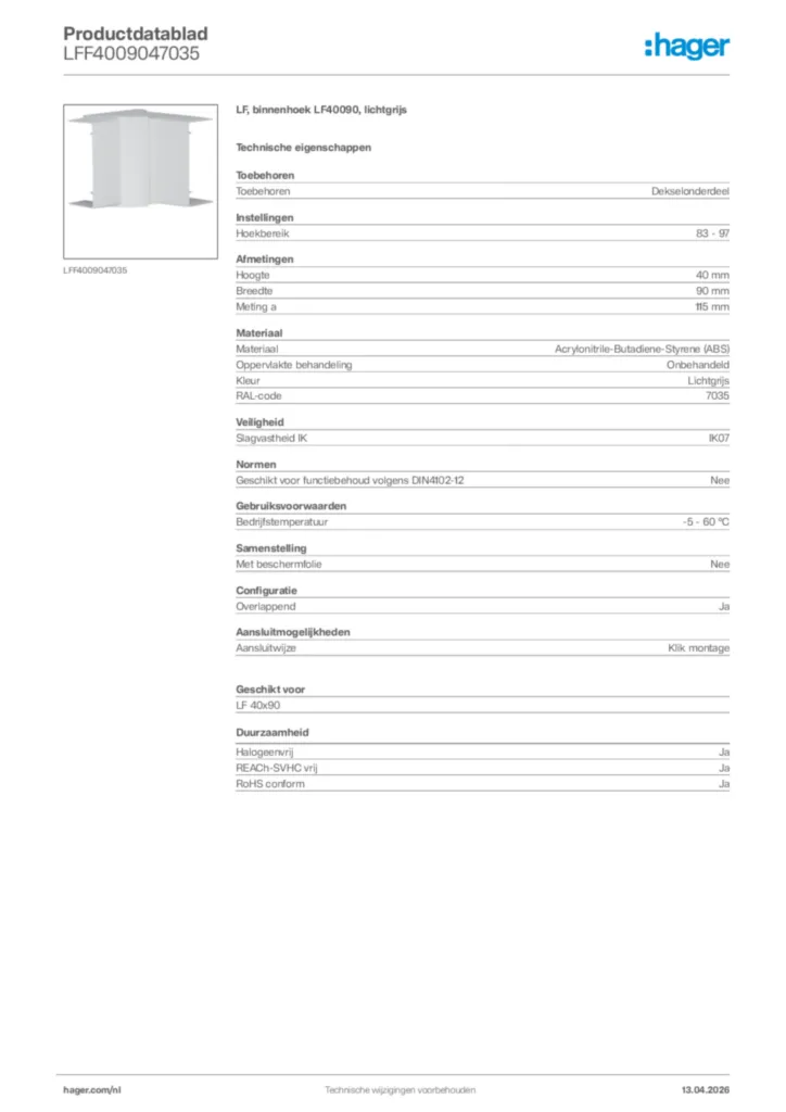 Afbeelding Hager Productdatablad LFF4009047035 | Hager Nederland