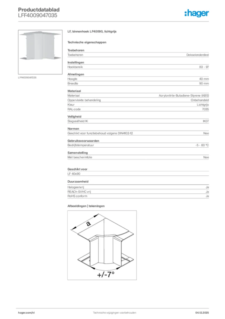 Afbeelding Hager Productdatablad LFF4009047035 | Hager Nederland