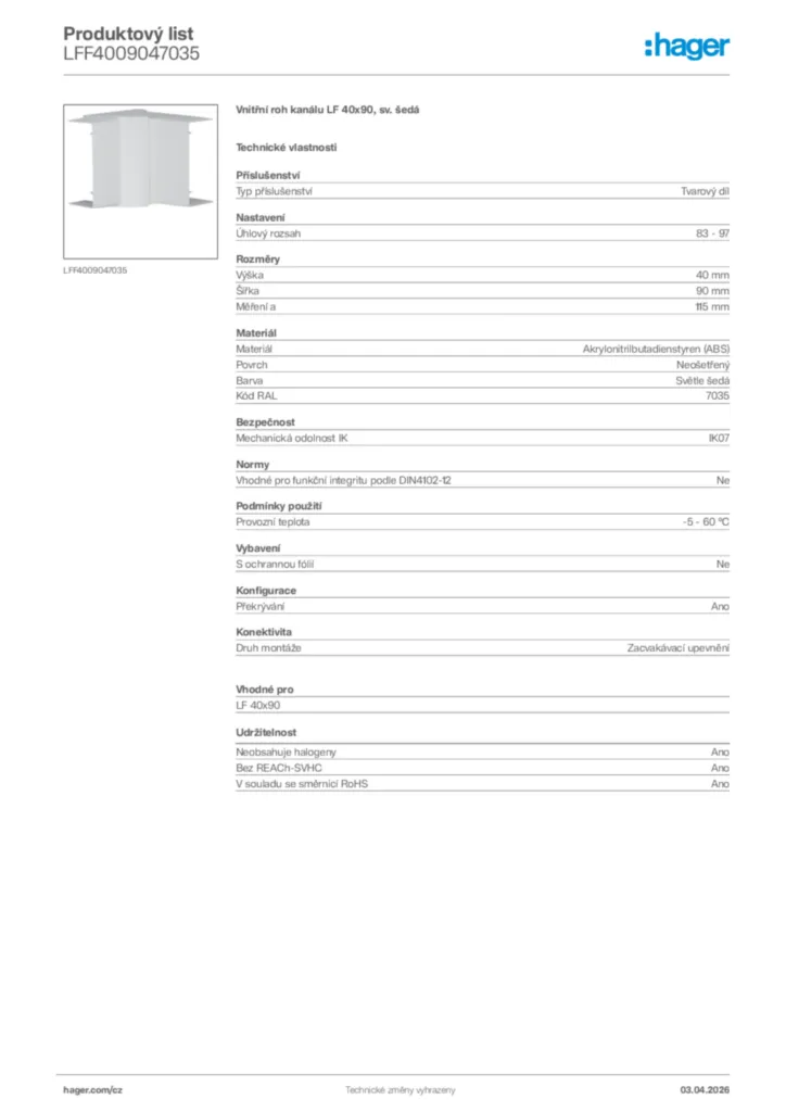 Obrázek Hager Product data sheet LFF4009047035 | Hager