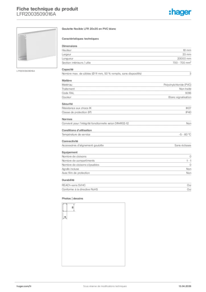 Image Hager Fiche technique du produit LFR2003509016A | Hager France