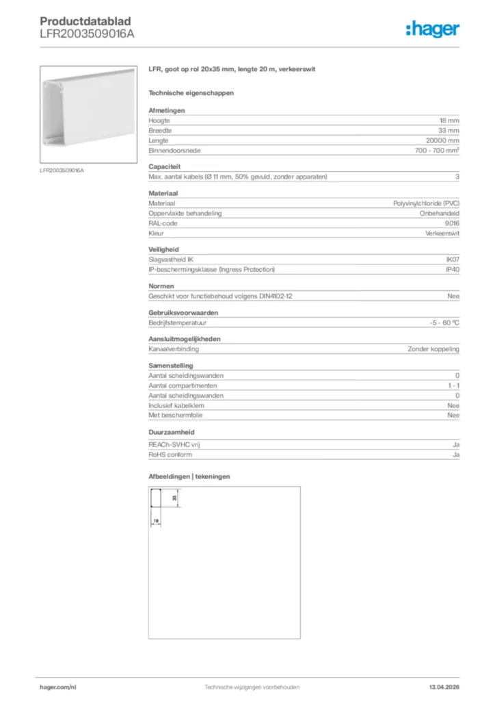 Afbeelding Hager Productdatablad LFR2003509016A | Hager Nederland
