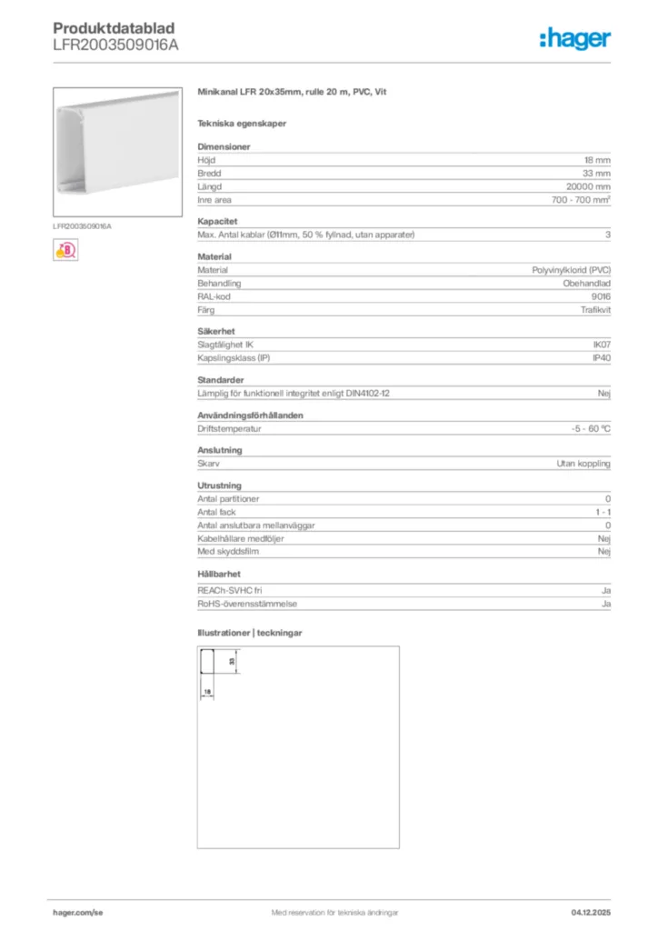 Bild Hager Produktdatablad LFR2003509016A | Hager Sverige