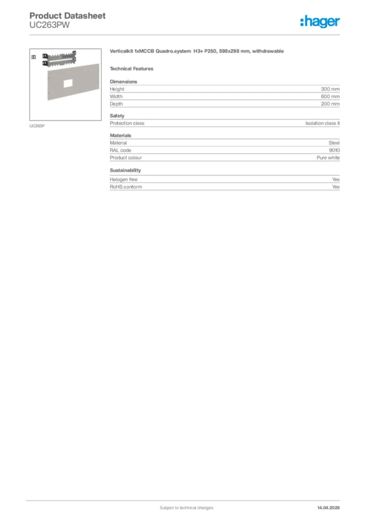 Image Hager Product data sheet UC263PW  | Hager Africa
