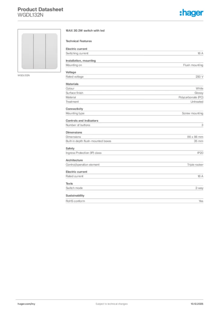 Image Hager Product data sheet WGDL132N  | Hager