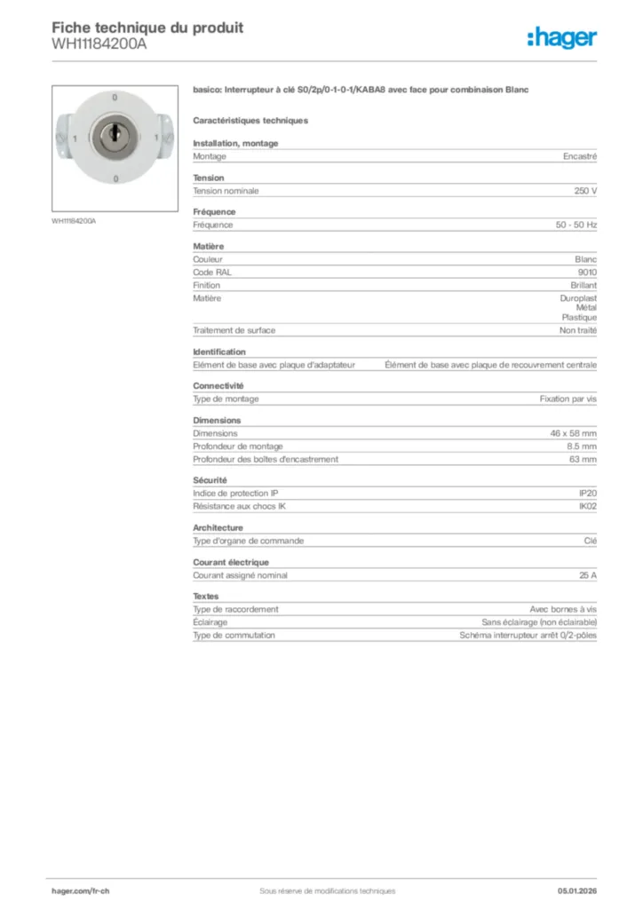 Image Hager Fiche technique du produit WH11184200A | Hager Suisse