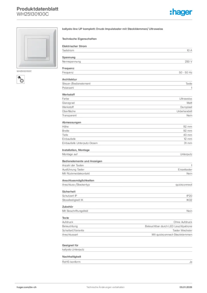 Bild Hager Produktdatenblatt WH25130100C | Hager Schweiz