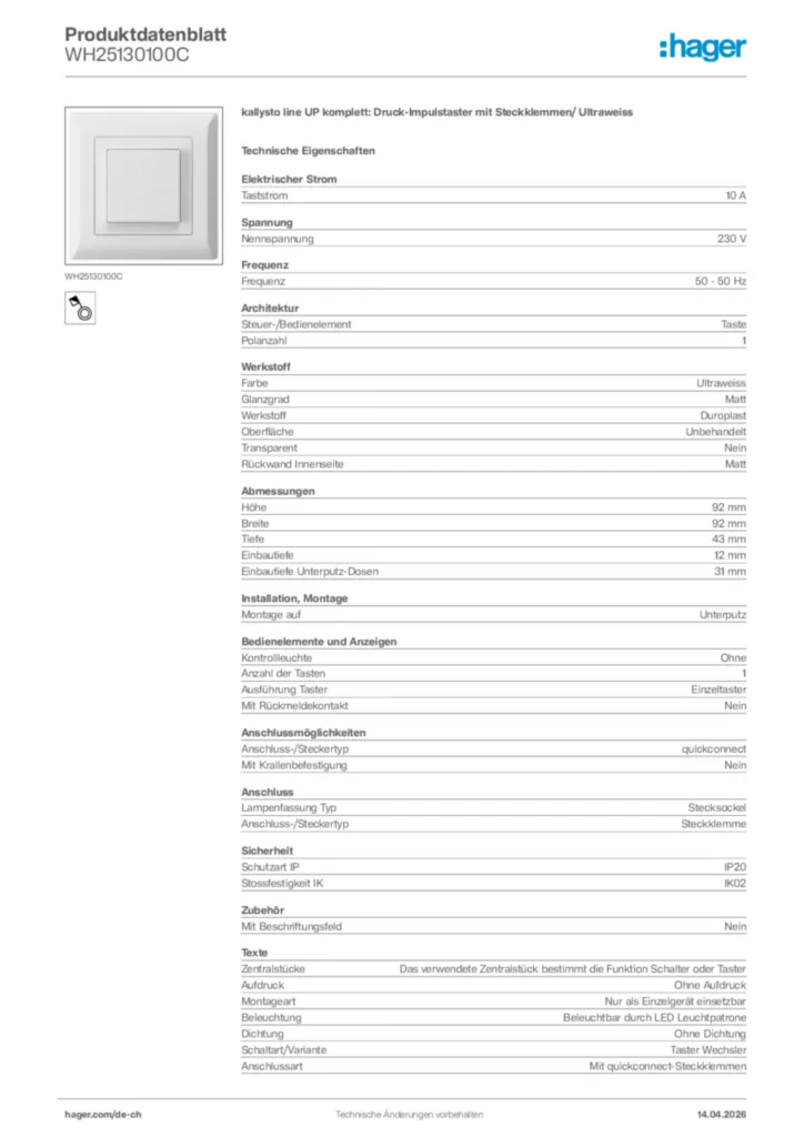 Bild Hager Produktdatenblatt WH25130100C | Hager Schweiz