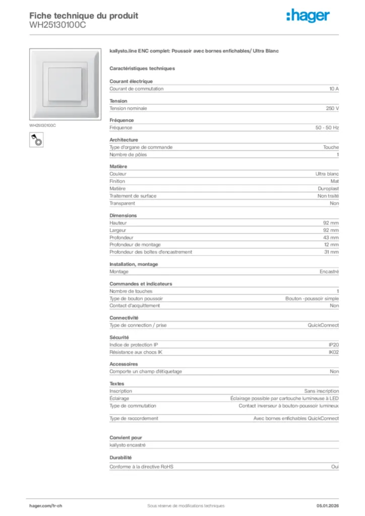 Image Hager Fiche technique du produit WH25130100C | Hager Suisse