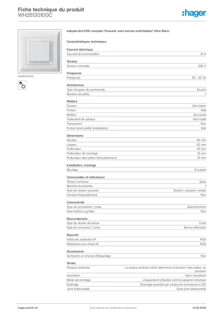 Image Hager Fiche technique du produit WH25130100C | Hager Suisse