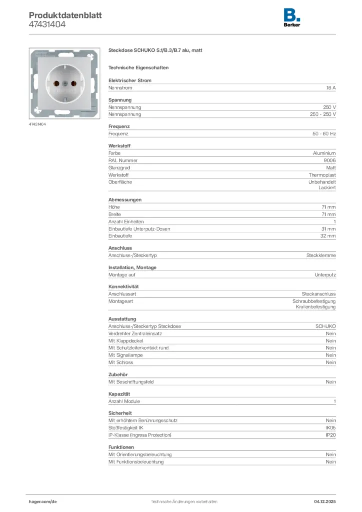 Bild Berker Produktdatenblatt 47431404 | Hager Deutschland