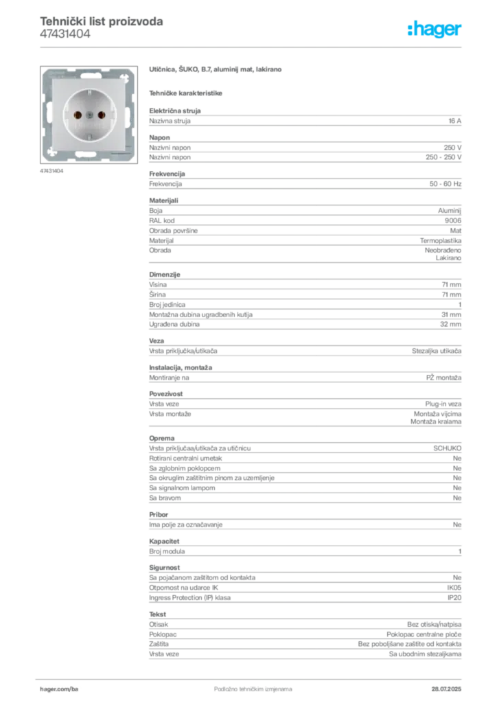 Slika Hager Product data sheet 47431404  | Hager