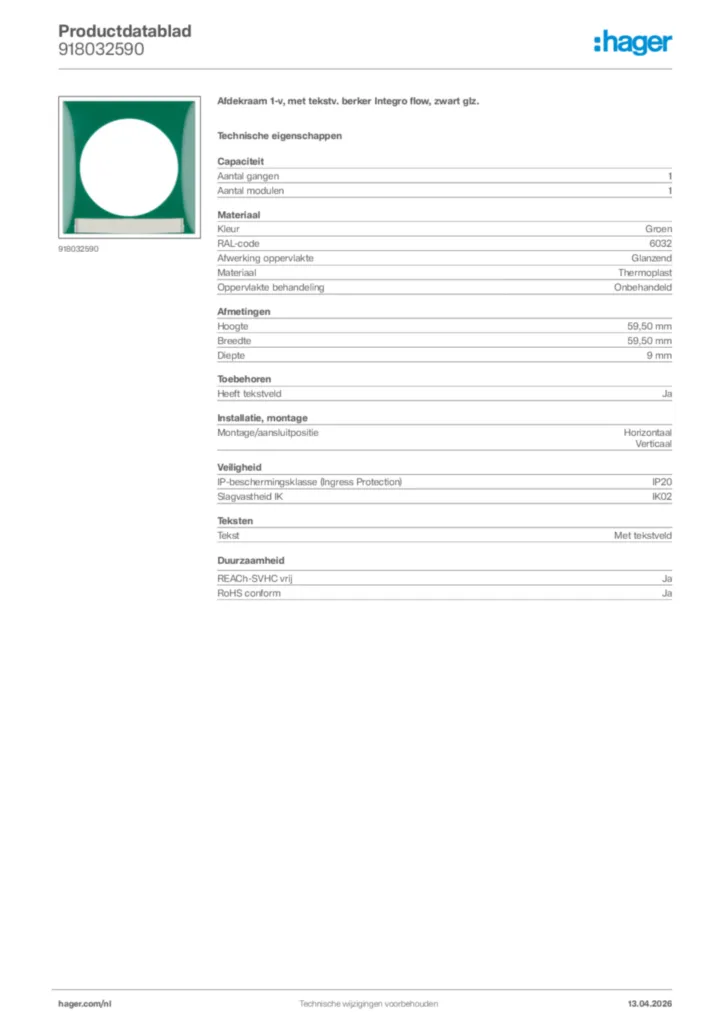 Afbeelding Hager Productdatablad 918032590 | Hager Nederland
