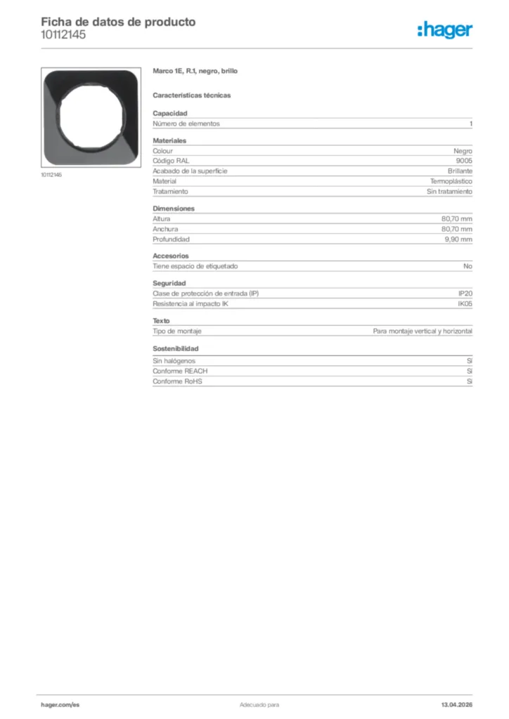 Imagen Hager Ficha de datos de producto 10112145 | Hager España