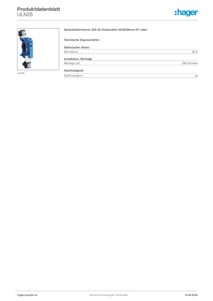 Bild Hager Produktdatenblatt ULN25 | Hager Schweiz