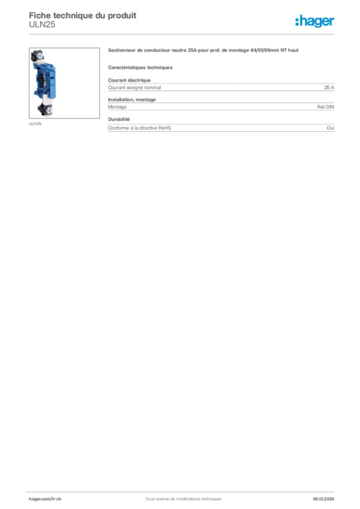 Image Hager Fiche technique du produit ULN25 | Hager Suisse