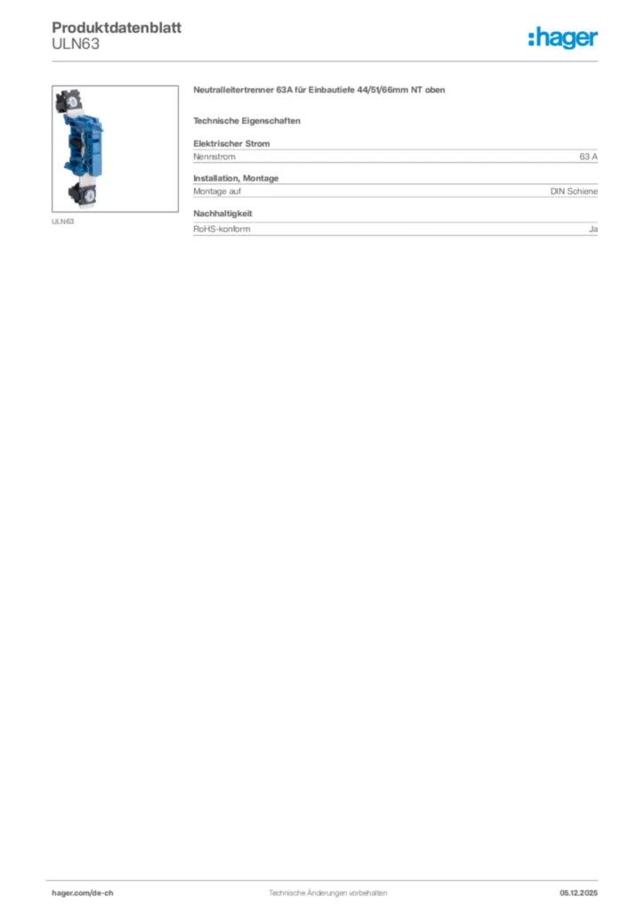 Bild Hager Produktdatenblatt ULN63 | Hager Schweiz