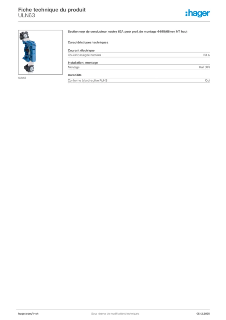 Image Hager Fiche technique du produit ULN63 | Hager Suisse