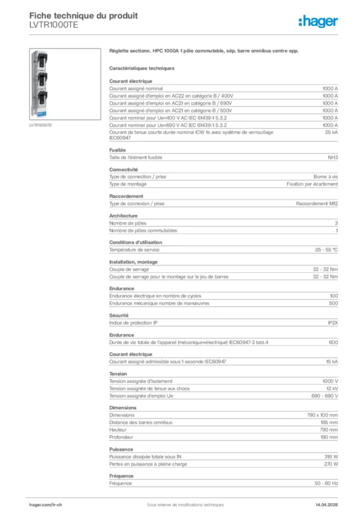 Image Hager Fiche technique du produit LVTR1000TE | Hager Suisse