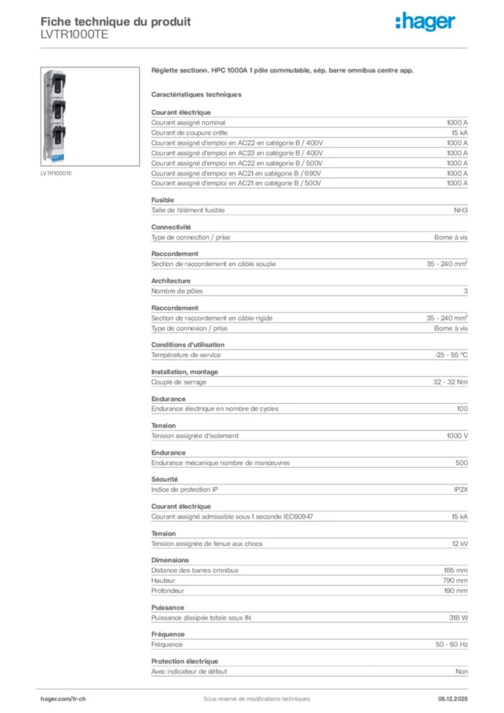Image Hager Fiche technique du produit LVTR1000TE | Hager Suisse