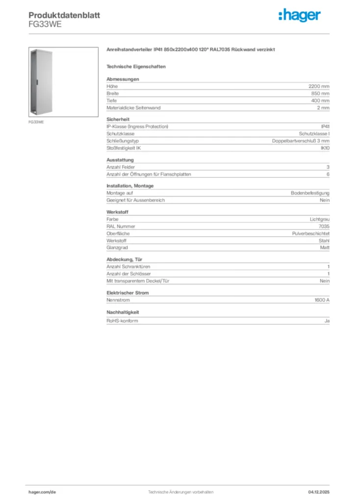 Bild Hager Produktdatenblatt FG33WE | Hager Deutschland