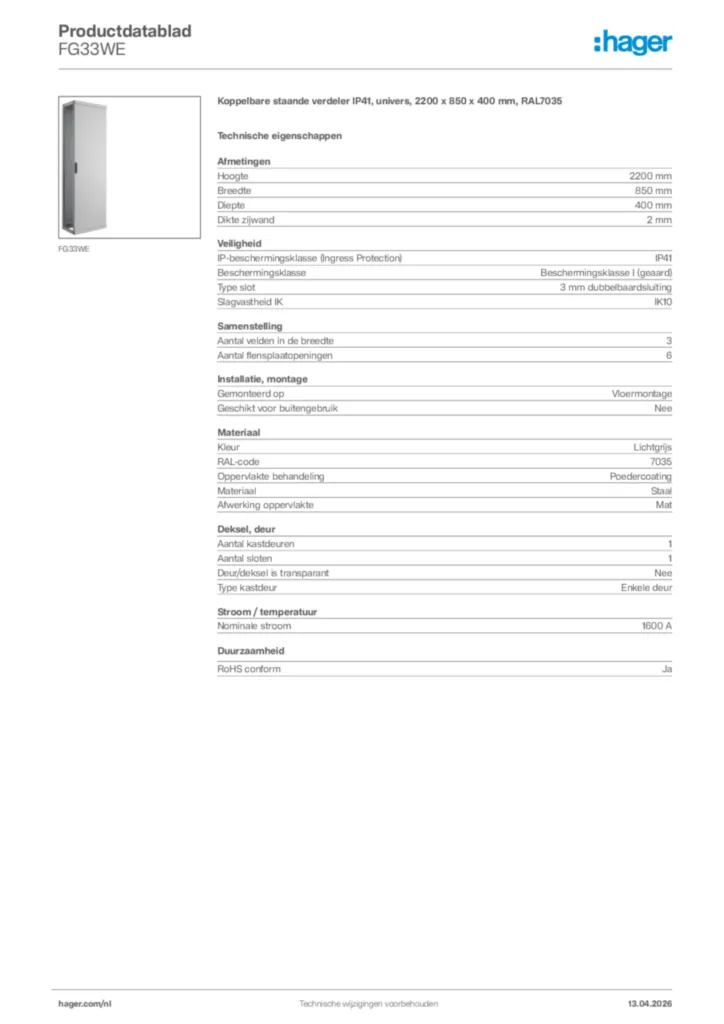 Afbeelding Hager Productdatablad FG33WE | Hager Nederland