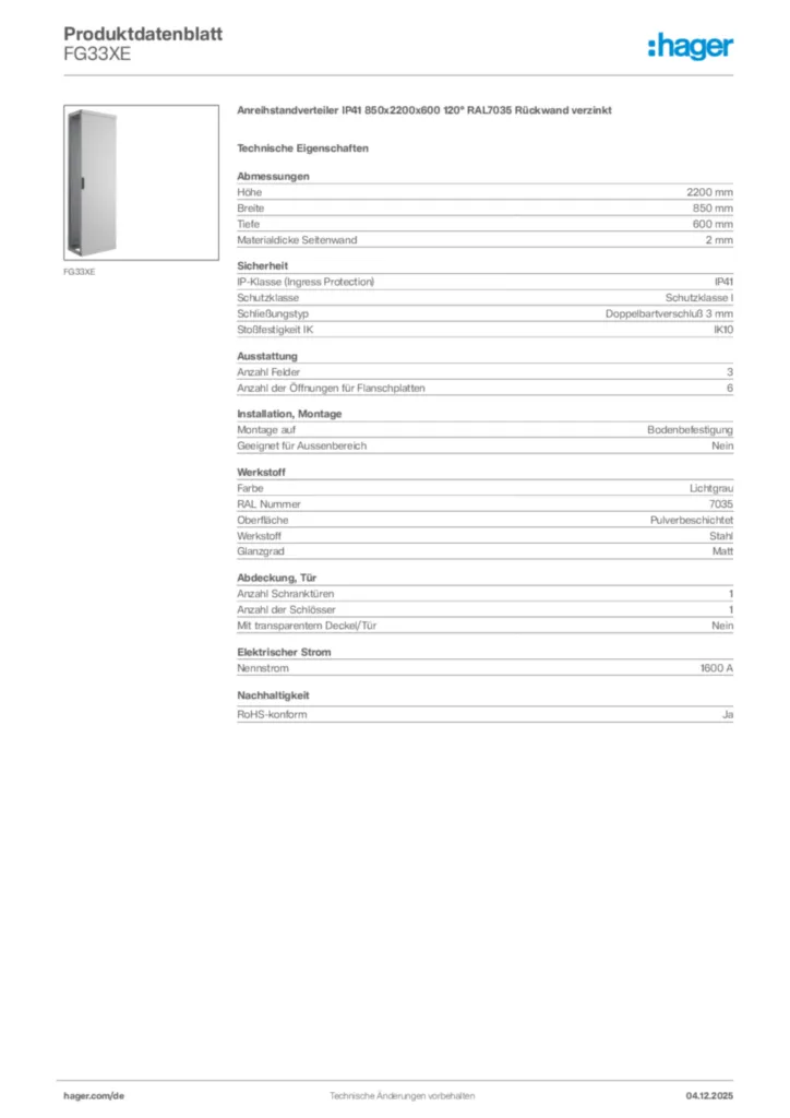 Bild Hager Produktdatenblatt FG33XE | Hager Deutschland