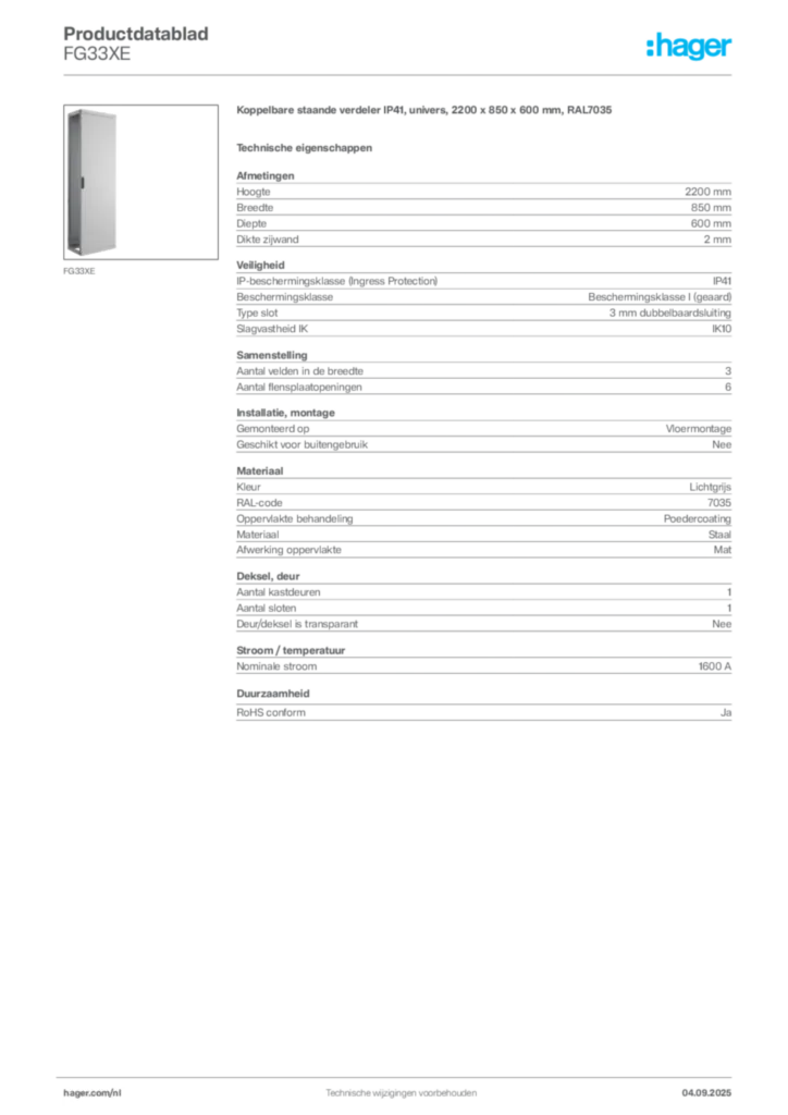 Afbeelding Hager Productdatablad FG33XE | Hager Nederland