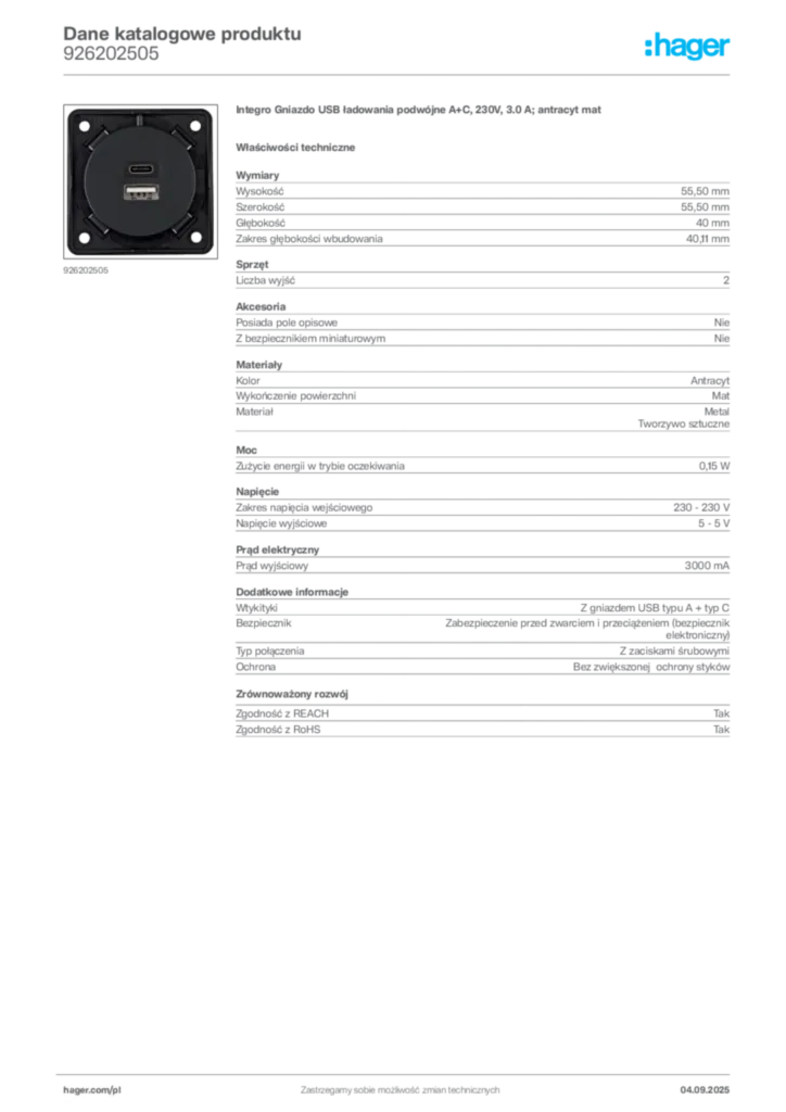 Zdjęcie Hager Dane katalogowe produktu 926202505 | Hager Polska