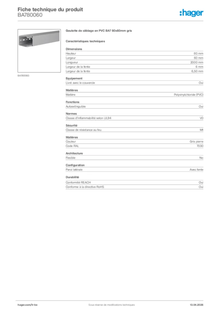 Image Hager Fiche technique du produit BA780060 | Hager Belgique