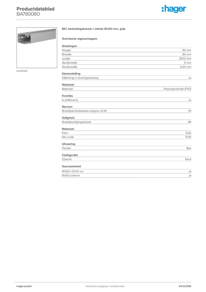 Afbeelding Hager Productdatablad BA780060 | Hager Nederland