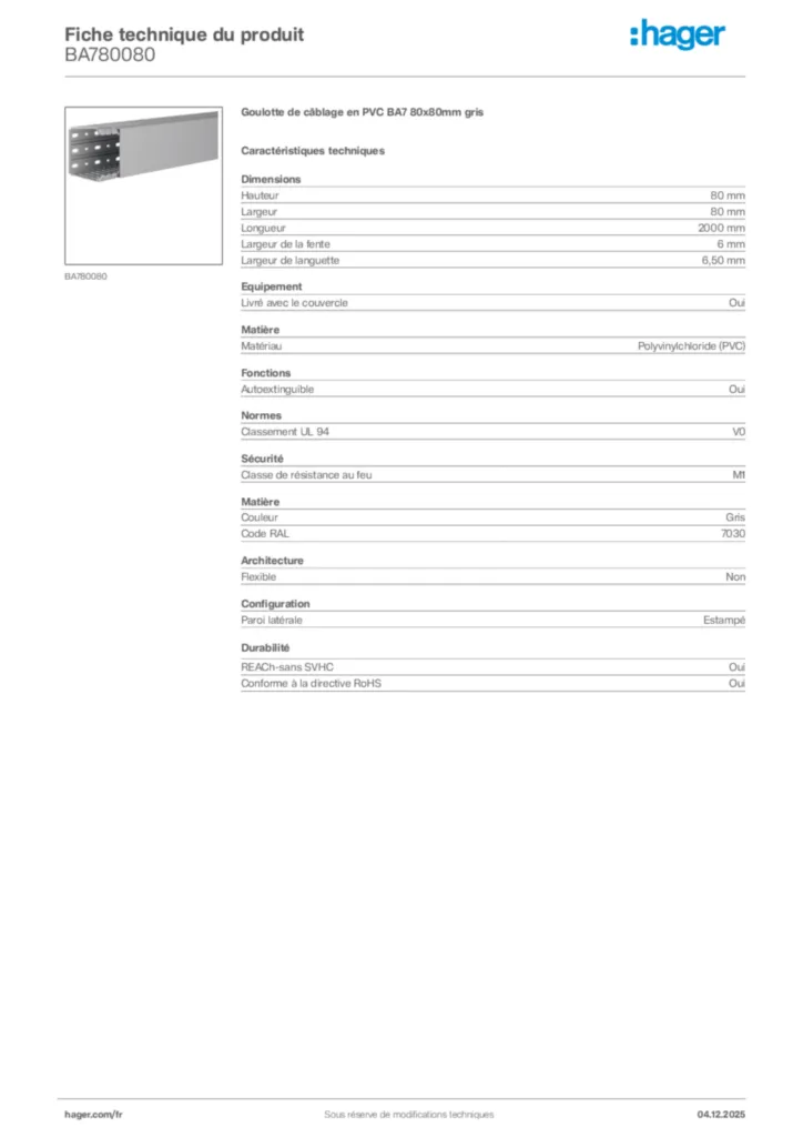 Image Hager Fiche technique du produit BA780080 | Hager France