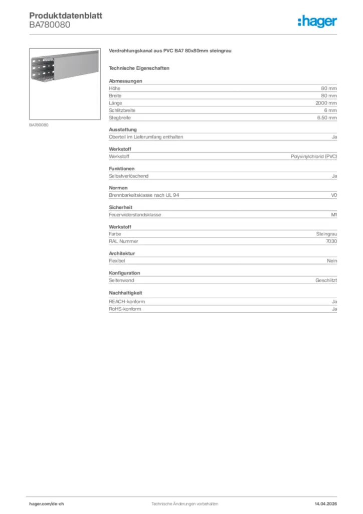 Bild Hager Produktdatenblatt BA780080 | Hager Schweiz