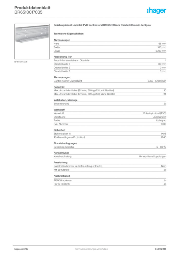 Bild Hager Produktdatenblatt BR6510017035 | Hager Deutschland