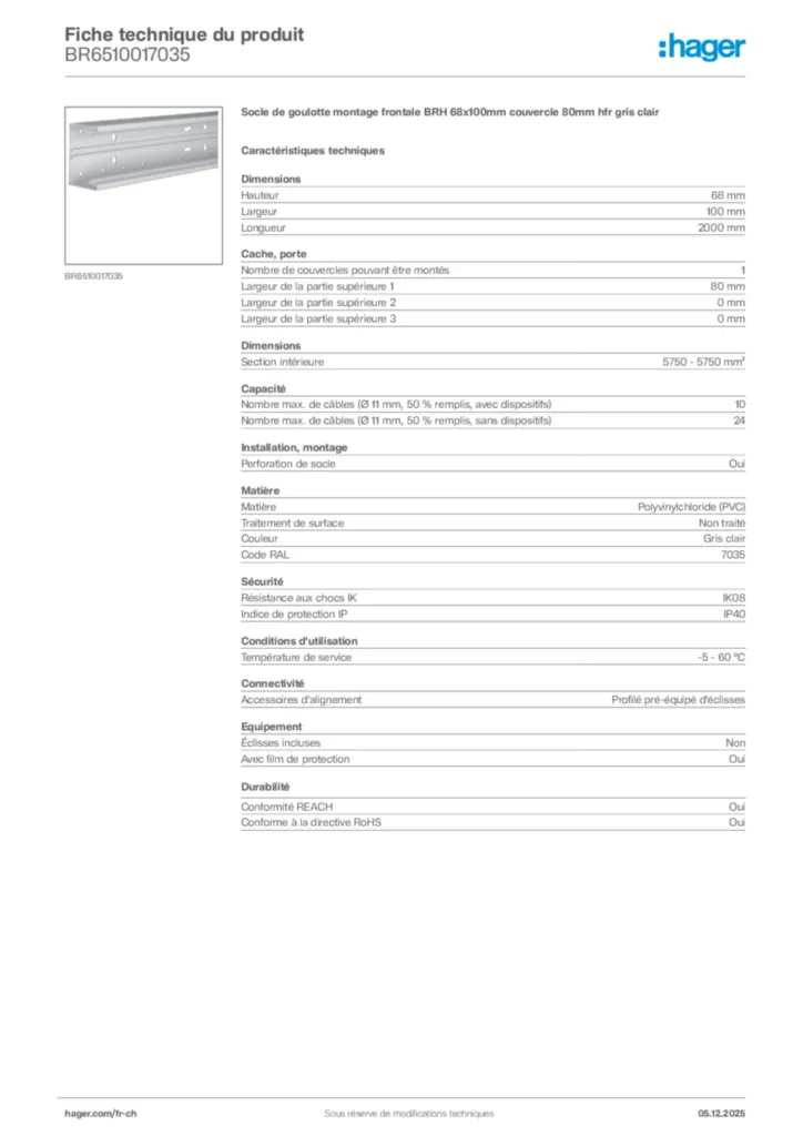 Image Hager Fiche technique du produit BR6510017035 | Hager Suisse