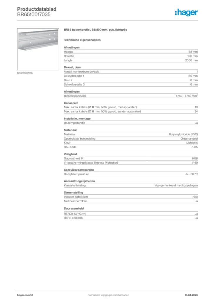 Afbeelding Hager Productdatablad BR6510017035 | Hager Nederland