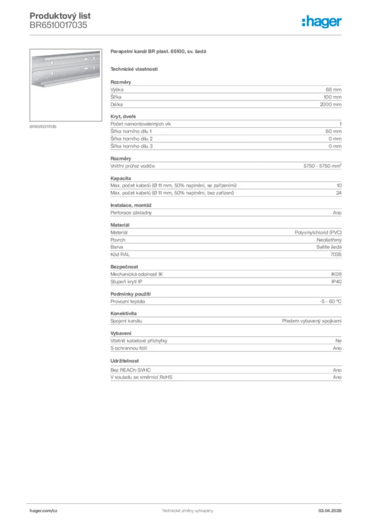 Obrázek Hager Product data sheet BR6510017035 | Hager