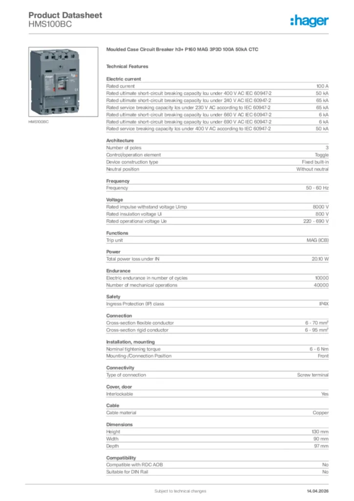 Image Hager Product data sheet HMS100BC  | Hager Africa